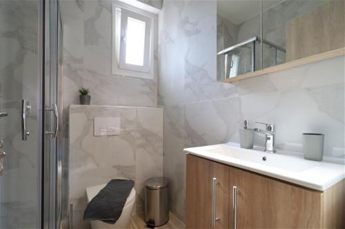 a bathroom with a sink and a shower and a toilet at Aladia Apartment Nikiti in Nikiti
