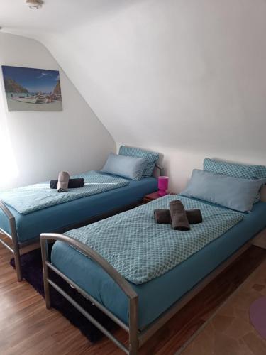 two beds sitting next to each other in a room at Privatzimmer Weideblick in Schnakenbek