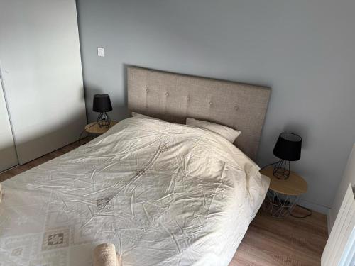 une chambre avec un grand lit blanc avec deux lampes dans l'établissement Cozy apartment!, à Brives-Charensac