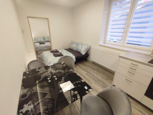 a room with a table and chairs and a mirror at Apartments Štěpánská Brno-centre in Brno