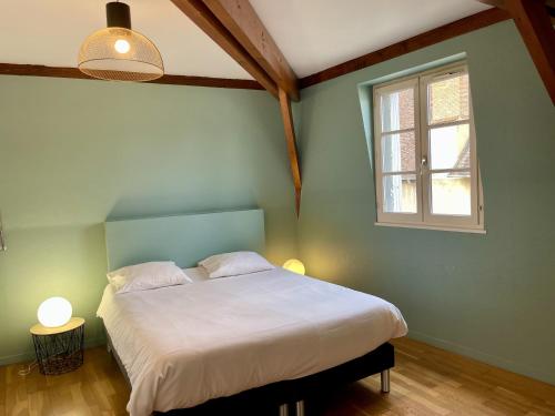 オセールにあるAppartement le Saint-Nicolas Auxerre Les Quaisのベッドと窓のある寝室