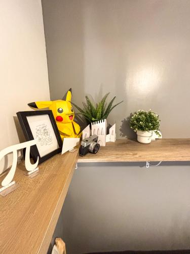 a shelf with a pikachu toy and plants on it at Le ValBruche - Spacieux & Cosy - Centre Ville - Commerces à Proximité in Bischheim