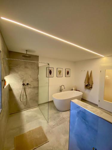 a bathroom with a tub and a glass shower at Moderne Ferienwohnung mit Garten in Spalt