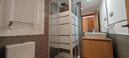 a bathroom with a toilet and a sink at Sabaris, Baiona, apartamento con terraza in Baiona
