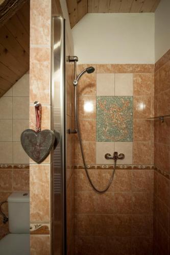 a bathroom with a shower with a heart on the wall at Penzion Krakovice in Kaplice