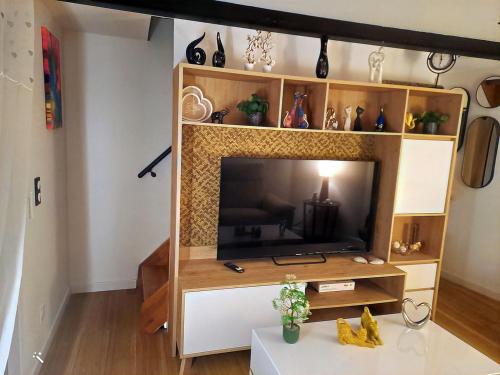 - un salon avec une grande télévision dans l'établissement La Marmotte, à La Bastide