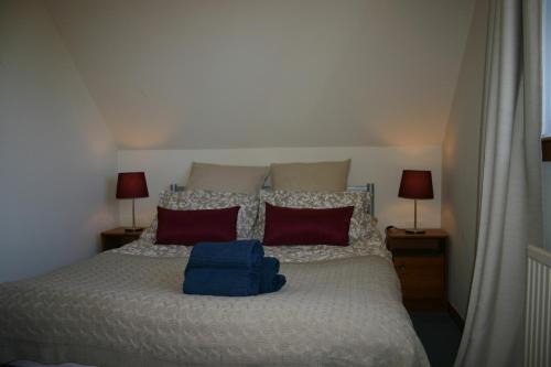 a bed with two pillows and a blue bag on it at Church Cottage with sunny garden in Ayr