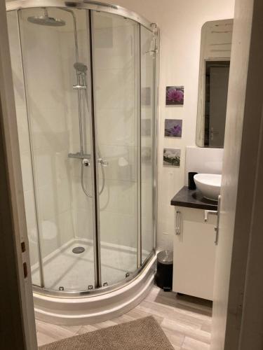 une douche en verre dans une salle de bain avec un lavabo dans l'établissement Bright and airy apartment for 2 guests near Marché Provencal, à Antibes