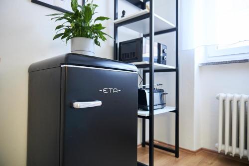 a black refrigerator with a plant on top of it at Sunny apartment Trutnov in Trutnov
