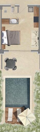 a floor plan of a bedroom with a swimming pool at Vista Luxury Suites in Neos Marmaras