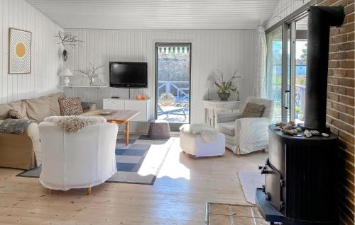 a living room with a couch and a wood stove at 3 Bedroom Awesome Home In Nykøbing Sj in Nykøbing Sjælland