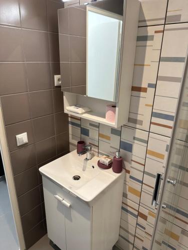 une salle de bain avec un lavabo et un miroir dans l'établissement Studio TenStar, à Aubervilliers