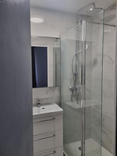 une salle de bain blanche avec un lavabo et une douche dans l'établissement Chambre privée - Vue Tour Eiffel, à Paris