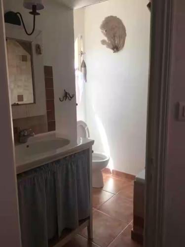 une salle de bain avec un lavabo et des toilettes dans l'établissement appartement coquet dans maison de village, à Cargèse