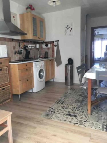 une cuisine avec une table et une machine à laver dans l'établissement appartement coquet dans maison de village, à Cargèse