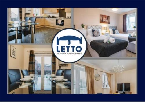 a collage of a living room and a kitchen at Letto Serviced Accommodation -Sleeps 7 - PE7 - FREE Parking in Peterborough