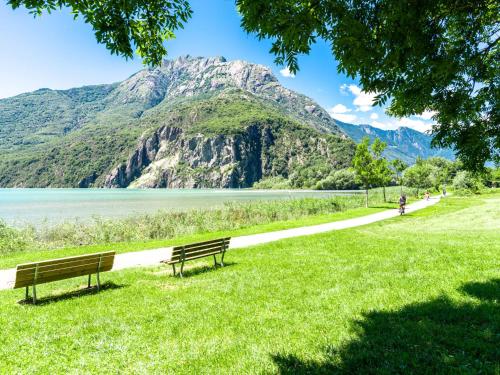 two benches in a park with a mountain in the background at Apartment Lucia by Interhome in San Cassiano