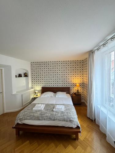 une chambre avec un grand lit et une grande fenêtre dans l'établissement Appartement de Standing Hypercentre, à Colmar