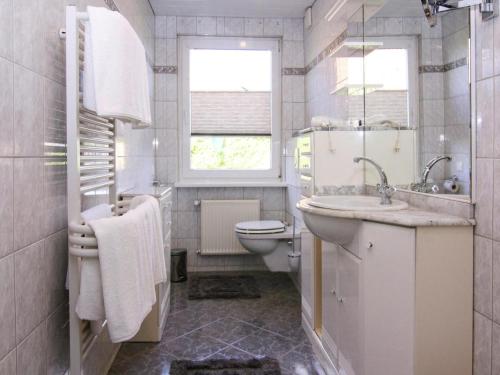 a bathroom with a sink and a toilet and a window at Ferienhaus Yvonne in Wendorf im Bernstein Resort in Wendorf
