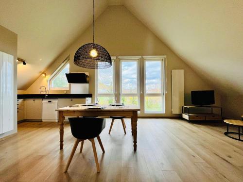 a dining room with a table and a pendant light at Entre Vignes et Verger in Scherwiller