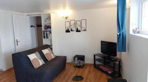 un salon avec un canapé et une télévision dans l'établissement Gîte de France LA MARMOTTE avec terrasse privative proche du lac d'Aiguebelette, à Saint-Béron