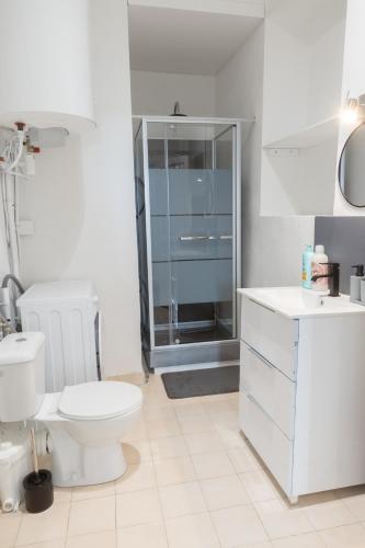 une salle de bain blanche avec toilettes et douche dans l'établissement Havre Doux - TV, Wifi, Élégant - Centre Ville, à Montélimar