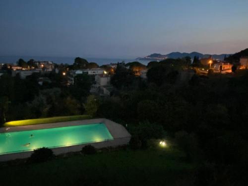 - une vue sur la piscine la nuit dans l'établissement superbe 2 pièces à Cannes vue imprenable, à Cannes