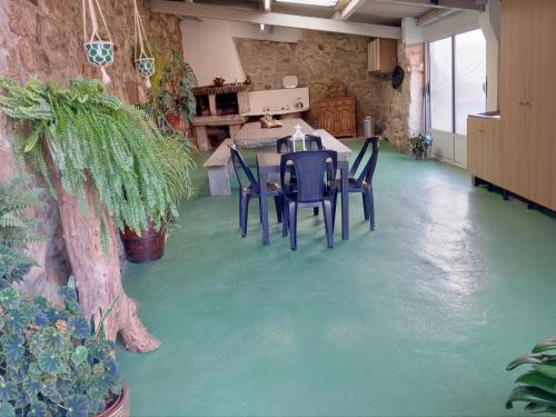 a room with a green floor with a table and chairs at O Refuxio de Tebra in Tebra