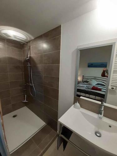 une salle de bain avec un lavabo, un miroir et un lit dans l'établissement Villa entre terre et mer, à Grayan-et-lʼHôpital