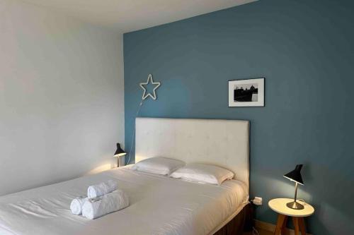 une chambre bleue avec un lit avec deux oreillers dans l'établissement Cosy studio Lyon 1er Croix Rousse, à Lyon