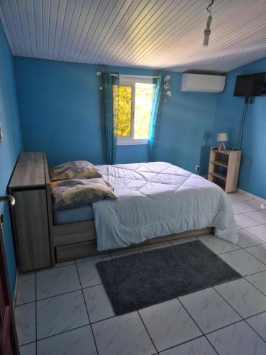 a bedroom with a bed with a blue wall at Paradis Spiritain in Saint Esprit