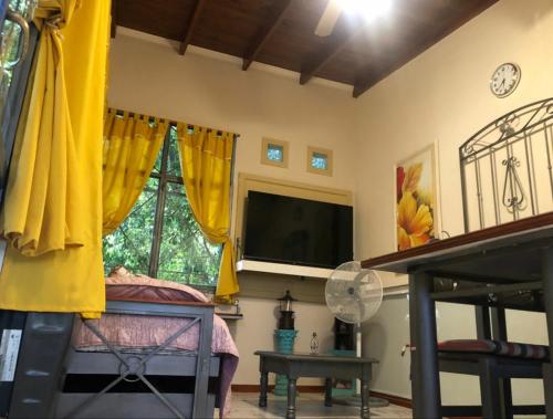 a bedroom with yellow curtains and a tv and a bed at Dreams in La Plata