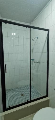 a shower with a glass door in a bathroom at El Paso de Almirante in Almirante