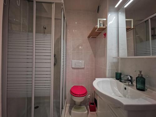 une salle de bain avec toilettes, lavabo et douche dans l'établissement Studio 4 personnes en bord de mer au Lavandou avec parking - FR-1-803-89, au Lavandou