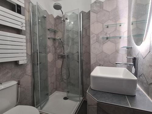 une salle de bain avec une douche, un lavabo et des toilettes dans l'établissement Appartement 8 pers. avec terrasse, proche centre - FR-1-475-157, à Saintes-Maries-de-la-Mer