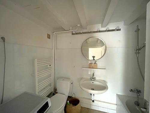 une salle de bain avec toilettes, lavabo et miroir dans l'établissement Maison avec piscine et parking en Camargue - FR-1-475-171, à Saintes-Maries-de-la-Mer