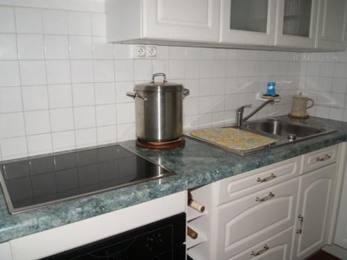 - une cuisine avec évier et pot sur le comptoir dans l'établissement Studio climatisé pour 4 personnes à 500m de la mer - FR-1-475-173, à Saintes-Maries-de-la-Mer