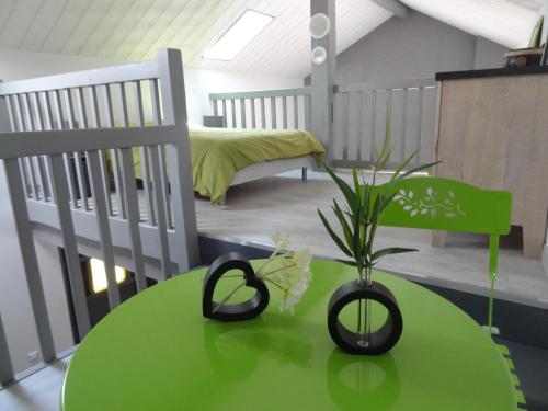 a room with a green table with a plant on it at La Pointe D'Yvoire in Yvoire