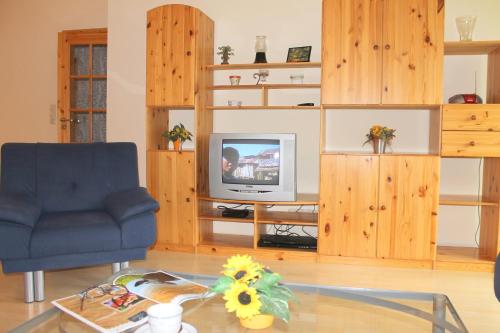 a living room with a blue chair and a television at "Hof Triangel - Whg 2" - Bauernhofurlaub in Riepsdorf