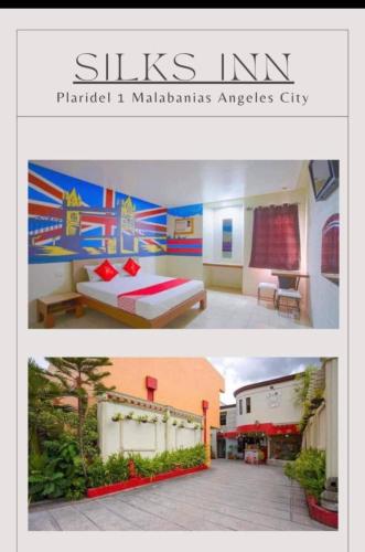 a collage of two pictures of a hotel room at Silks Inn in Malabañas