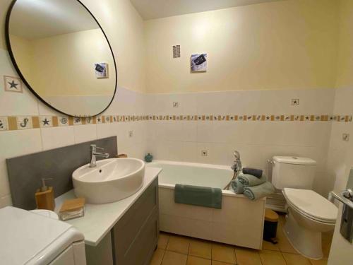 une salle de bain avec un lavabo, des toilettes et un miroir dans l'établissement Le studio du lac Saint-Point, à Malbuisson