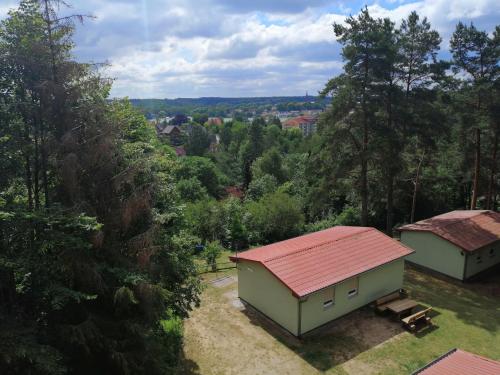 an aerial view of a house with a red roof at Ferienhaus John- Lennard in Amtshof
