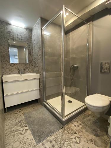 une salle de bain avec douche et toilettes dans l'établissement T2 en plein cœur du centre ville Coup de cœur garanti, à Marseille
