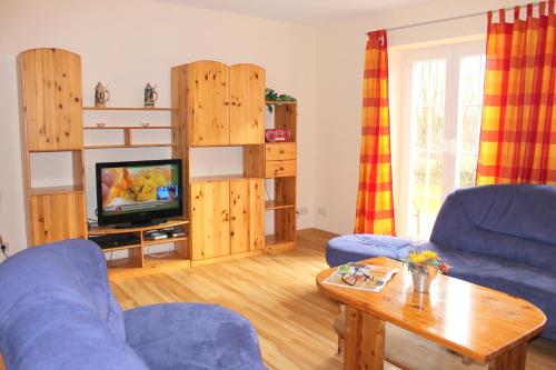 a living room with a blue couch and a tv at "Hof Triangel - Whg 3" - Bauernhofurlaub in Riepsdorf