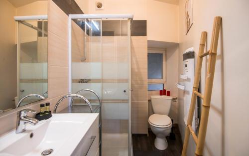une salle de bains avec toilettes et lavabo dans l'établissement Studio SO rez de chaussée centre-ville, à Millau