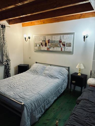 a bedroom with a bed with a blue comforter at Jolie Gîte dans les Pyrénées in Boutx