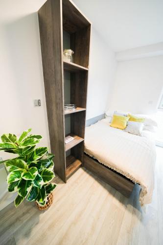 a bedroom with a bed and a potted plant at URBAN HUB Student Accommodation in Preston