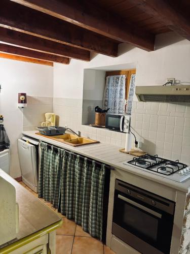 une cuisine avec une cuisinière et un comptoir dans l'établissement Jolie Gîte dans les Pyrénées, à Boutx