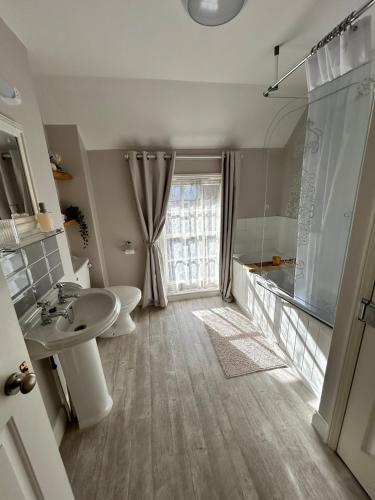 a bathroom with a toilet and a sink and a shower at Angel Cottage in stunning Arundel in Arundel