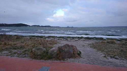 a beach with some rocks and the ocean at Noorstübchen in Eckernförde